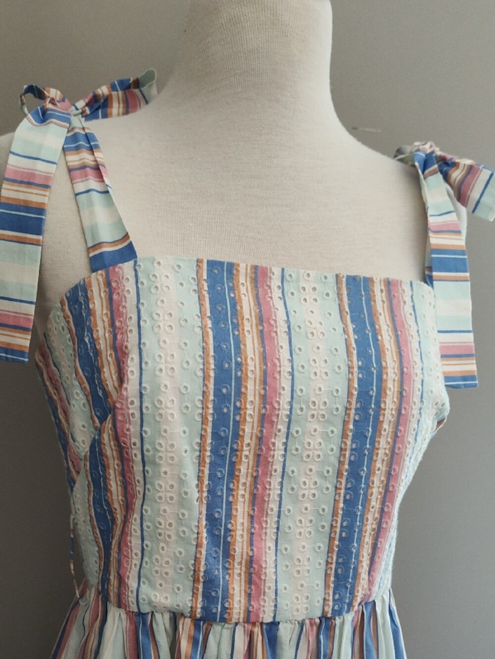 Beautiful Pastel Stripe Tie-Shoulder Midi Dress in Blue, Pink, Cream